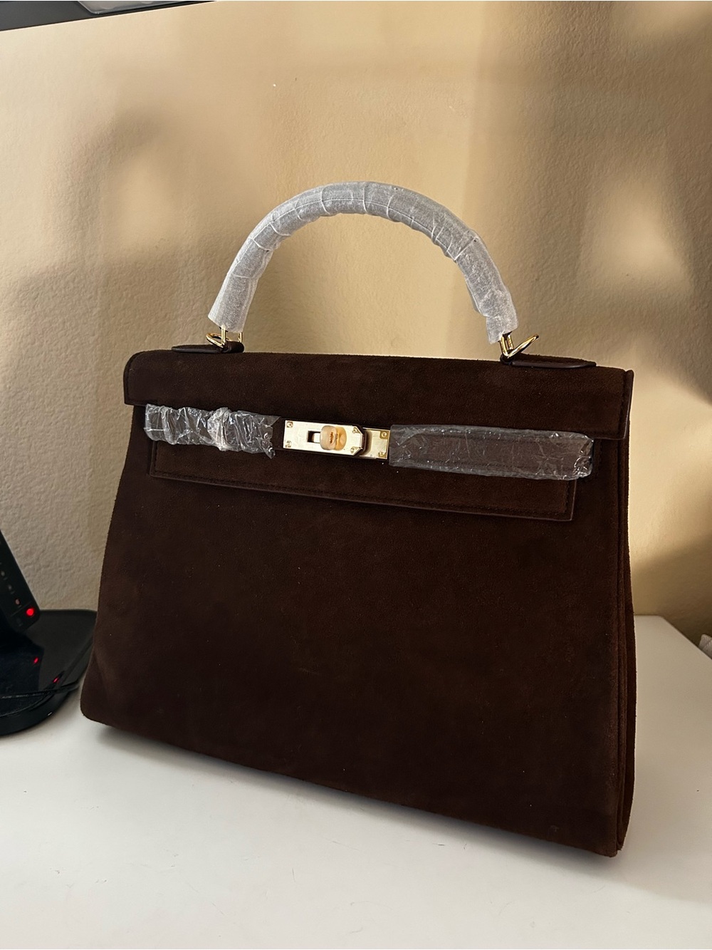 32cm Suede Dark Chocolate Brown Top Handle Satchel with Gold Hardware